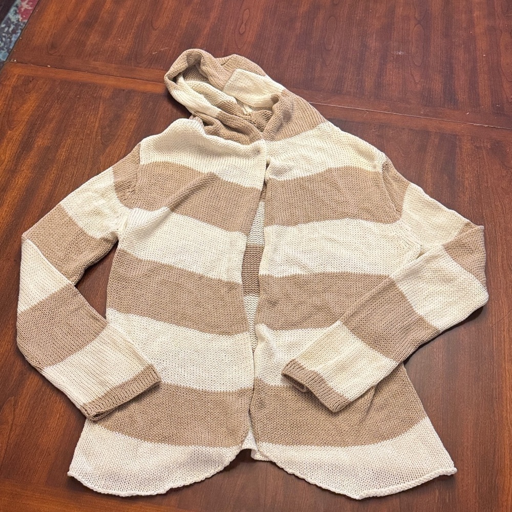 Wooden Ships Tan and Cream Striped Lightweight Knit Hooded Cardigan